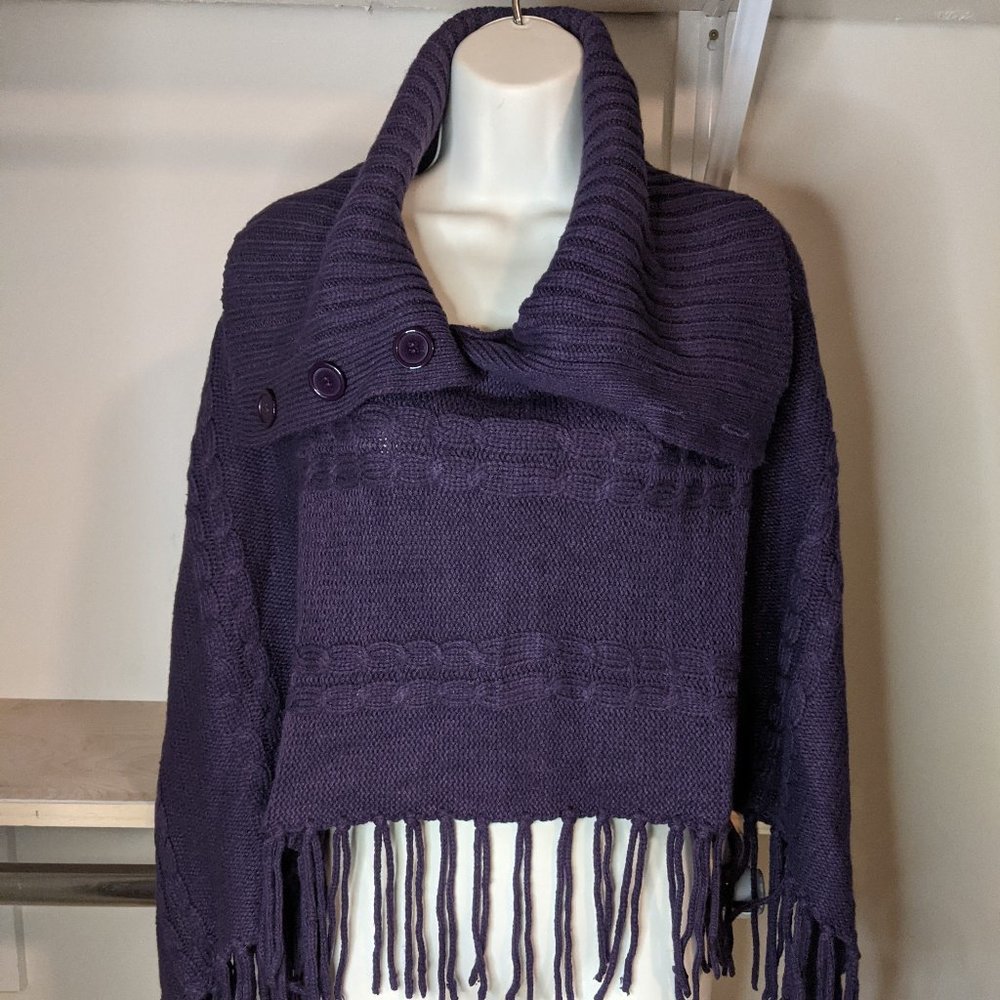 Focus 2000 Purple Cable Knit with Fringe Cowl Neck Cape